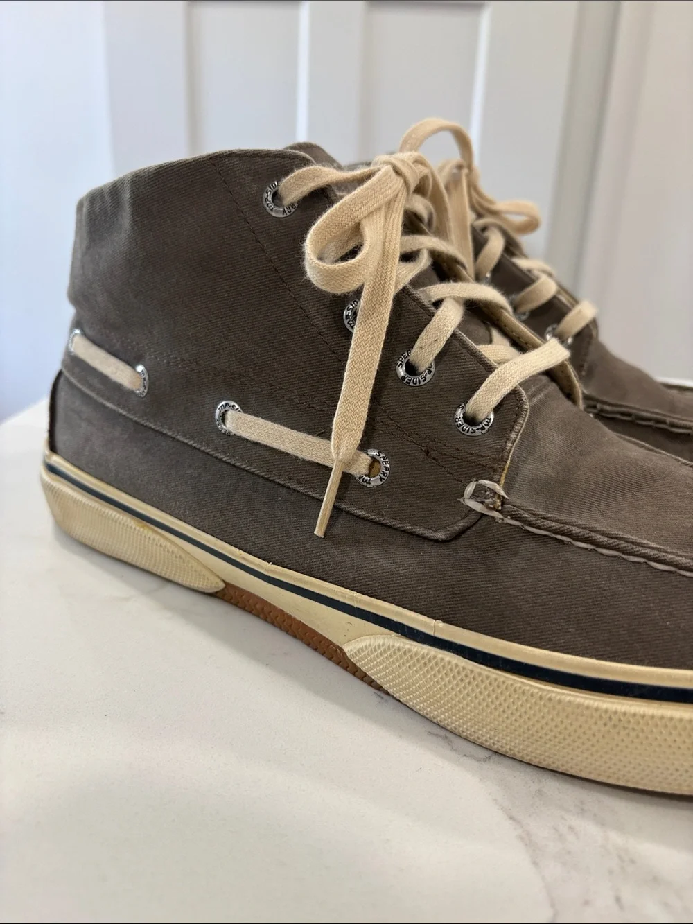 Sperry Men's Taupe Grey Canvas High-Top Boat Shoes Size 10.5
